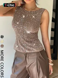 Women's Round Neck Sequin Fitted Vest, Casual European Style Sleeveless Design, Summer Sparkle, Perfect for Shopping and Coffee Shops