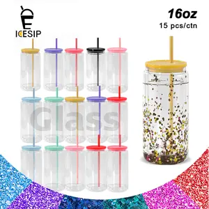 ICESIP 15Pack 16oz Double Layer Snow Globe Glass Cup with Colorful Lids Spill-Proof for Coffee Cocktail Holiday Gifts Birthday Gifts