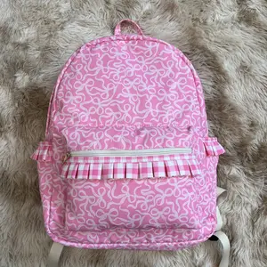Pink gingham ruffle bow printed backpack kids girls bookbag