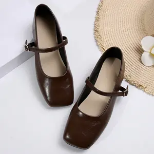Women's Comfortable Flats Square Toe Buckle Strap Casual Dress Shoes