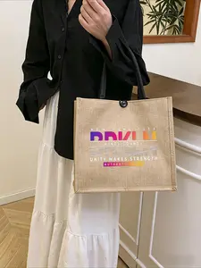 Simple Linen Tote Bag, Printed HandbagNew York City Burlap Tote Bag - Stylish Natural Jute Bag with Black Handles & Toggle Closure, Bold 'UNITY MAKES STRENGTH' Print, Perfect for Shopping, Beach & Everyday Use.Large Capacity, Reusable, Ideal Gift