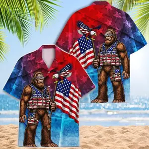 Funny Bigfoot American Flag Hawaiian Shirt, Patriotic 4th of July Aloha Button Down Shirt, Tropical Summer Short Sleeve Shirt, Perfect Gift for Him or Her