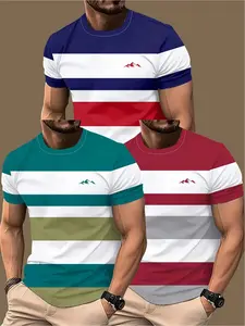 3pcs Men'S Casual Striped T-Shirts with Snow Mountain Graphic Print- Breathable Crew Neck Short Sleeve Summer Tees in Blue/White, Green/Red& Teal/Black| Durable Streetwear Fabric, Regular Fit, Machine Washable, Everyday Tshirt, Trendy Street Style