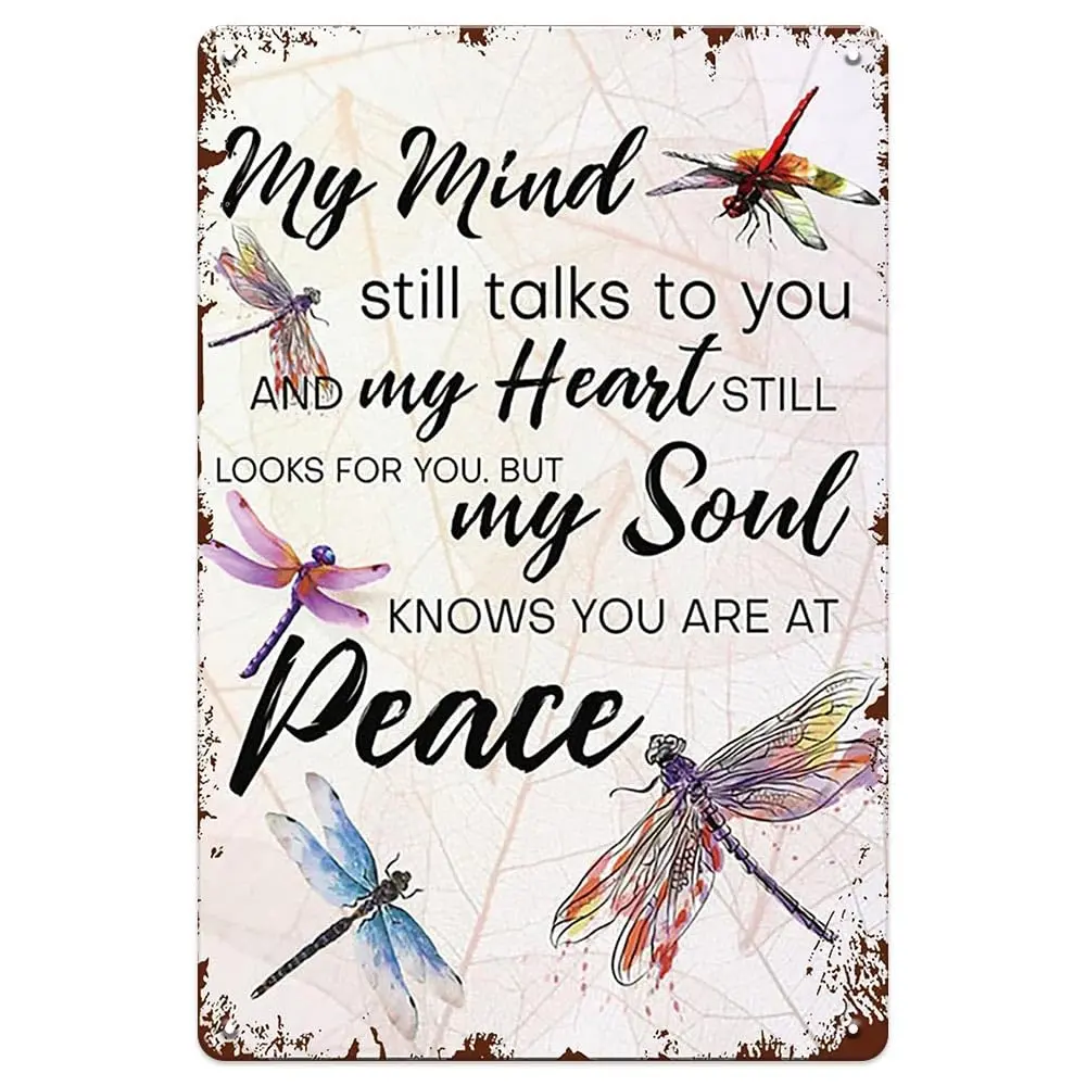 "My Mind Still Talks To You" Vintage Dragonfly Memorial Sign, 8x12/12x16 Inch Metal Wall Art for Sympathy Gift, Home Garden Decor