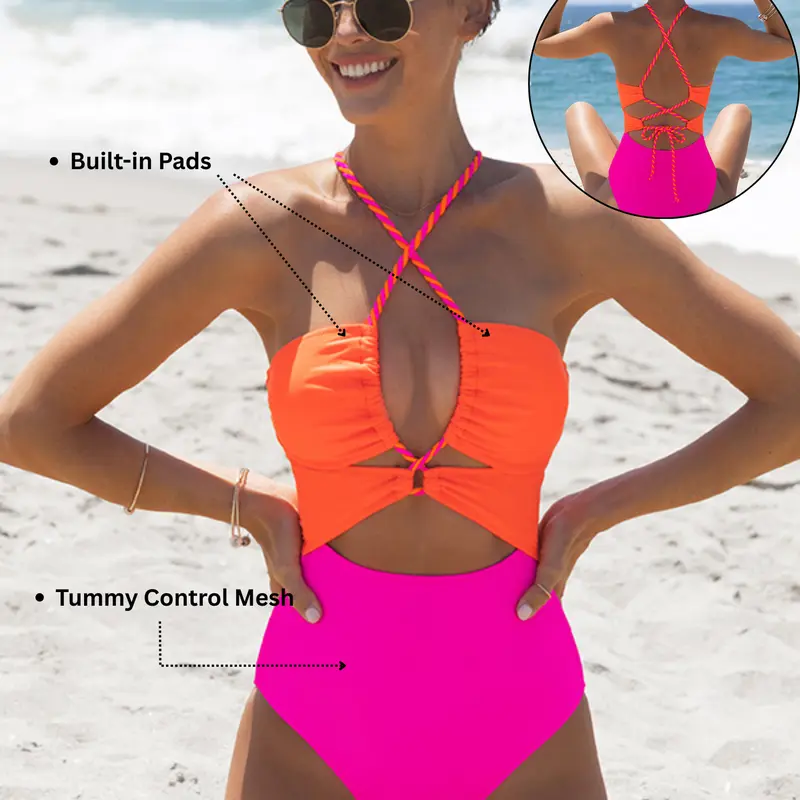 POPVIL Women's Tummy Control High-Waisted 1-Piece Colorblock Swimsuit - Built-in Pads, Front Cutout, Adjustable Back Strap, Neon Design, Breathable Elastane Fabric, Beach Sportswear (Runs Half a Size Small)