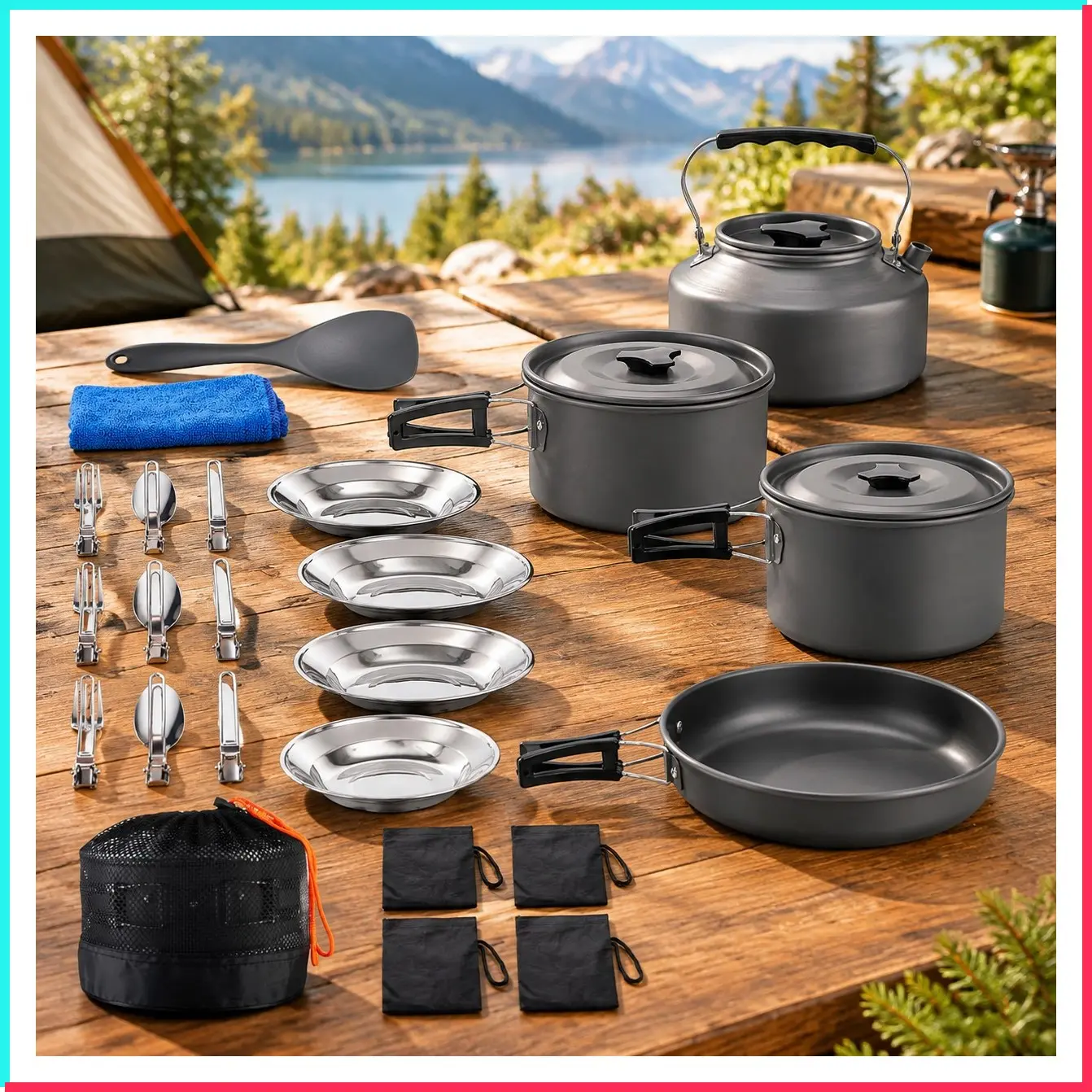 27pcs Camping Cooking Set for 2-4 People, Portable Cookware Set with Kettle, Pots & Pans, Stainless Steel Utensils, Plates, Dishware for Backpacking, Picnic, Outdoor Adventures