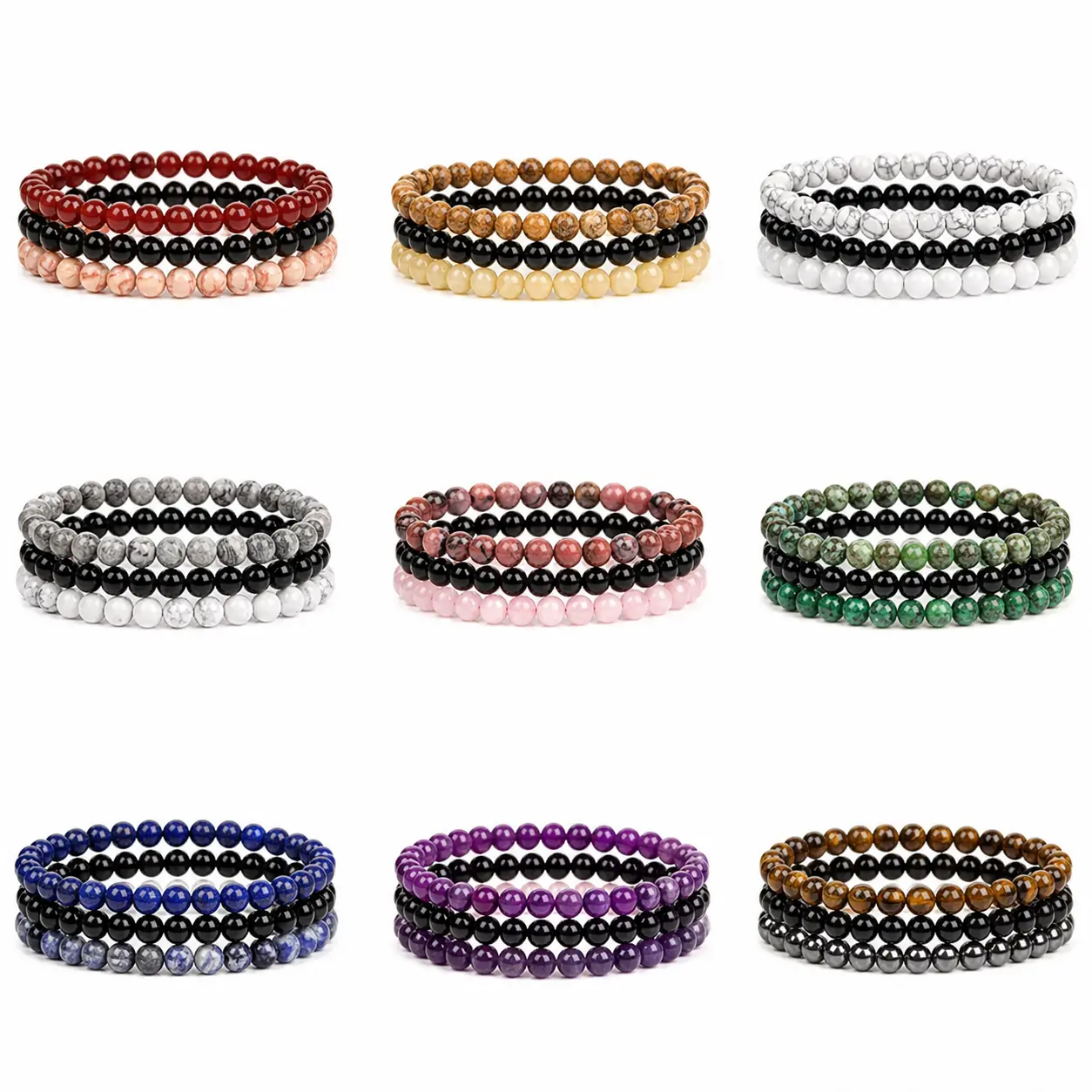 3pcs Energy Healing Stretch Bracelet Hematite Tiger Eye for Men Women 6mm Bead T35