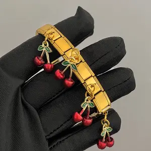 Cute 3D Dangling Red Cherry Charm Bracelet for Women, Gold Stretch Italian Style Expansion Band, Y2K Coquette Fruit Jewelry Gift men