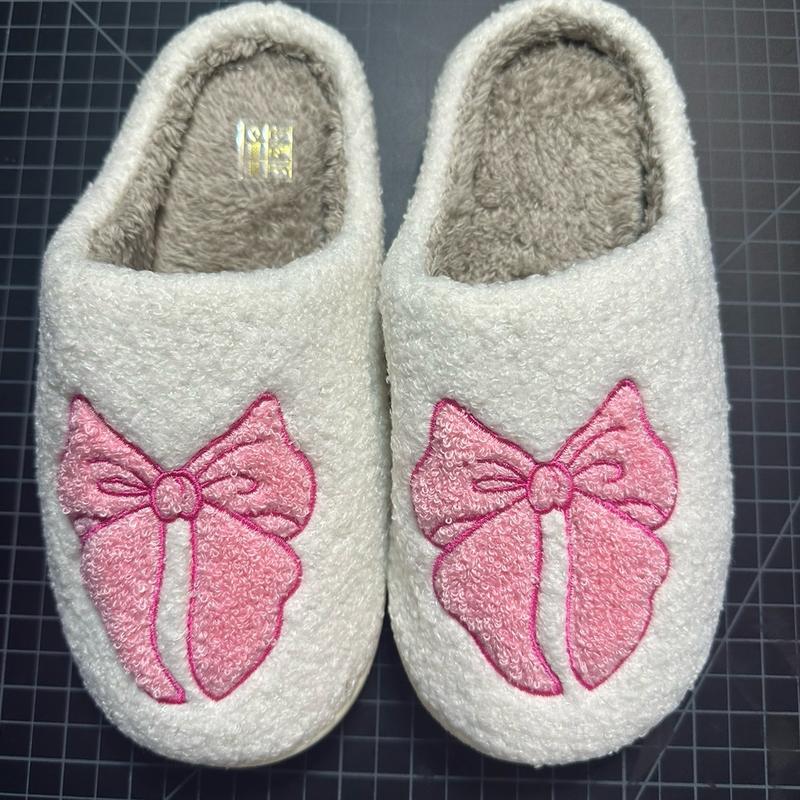Women's Bowknot Slippers - Winter Warm Fuzzy Slip-On House Shoes with Cute Bow and Cartoon Pattern - Footwear, Walking Shoes