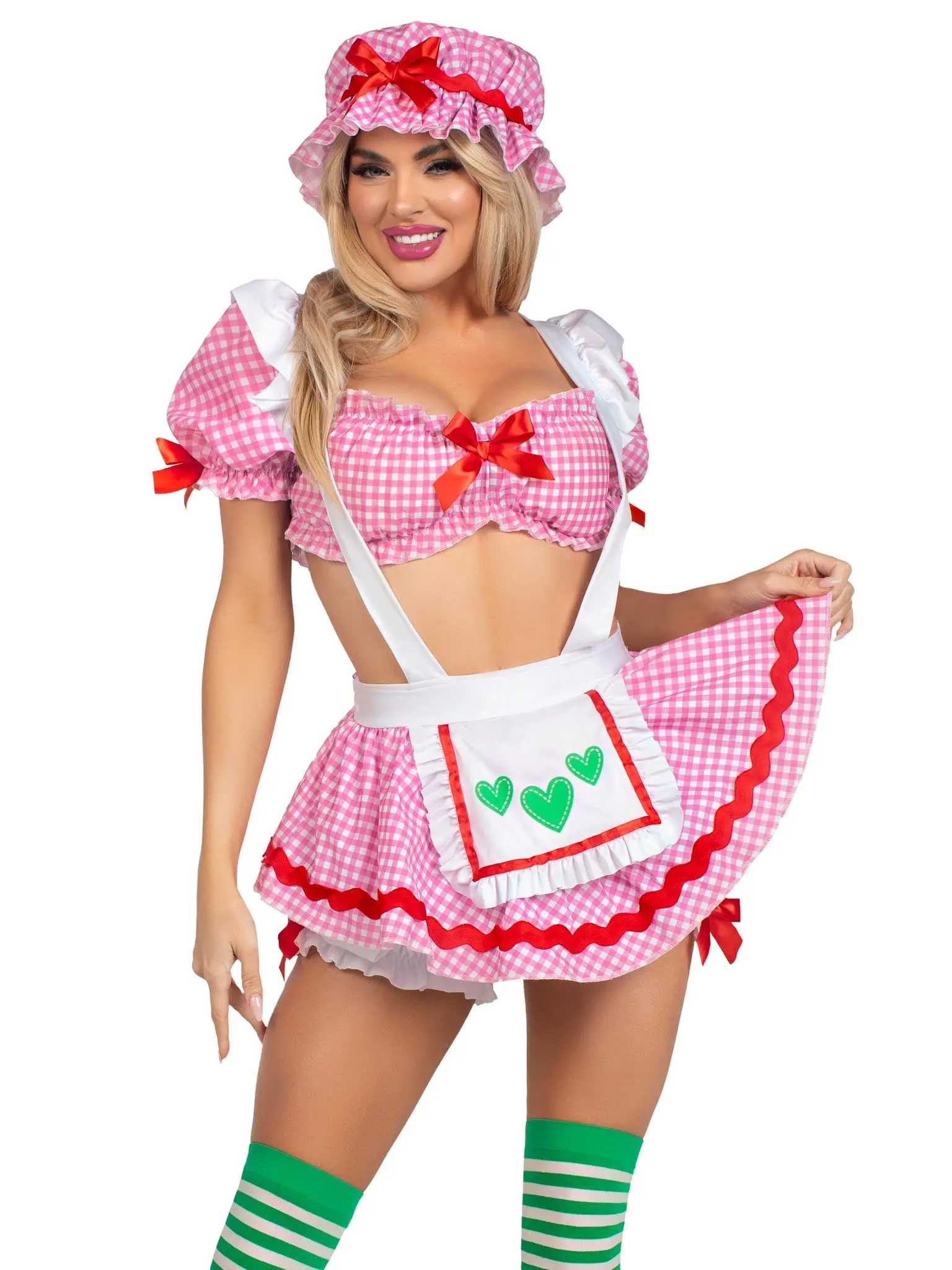 Leg Avenue Strawberry Babe Women's Costume - Pink Gingham Spandex-Cotton Striped Crop Top, Suspender Skirt & Bonnet, Dress & Accessories for Halloween, Cosplay Parties