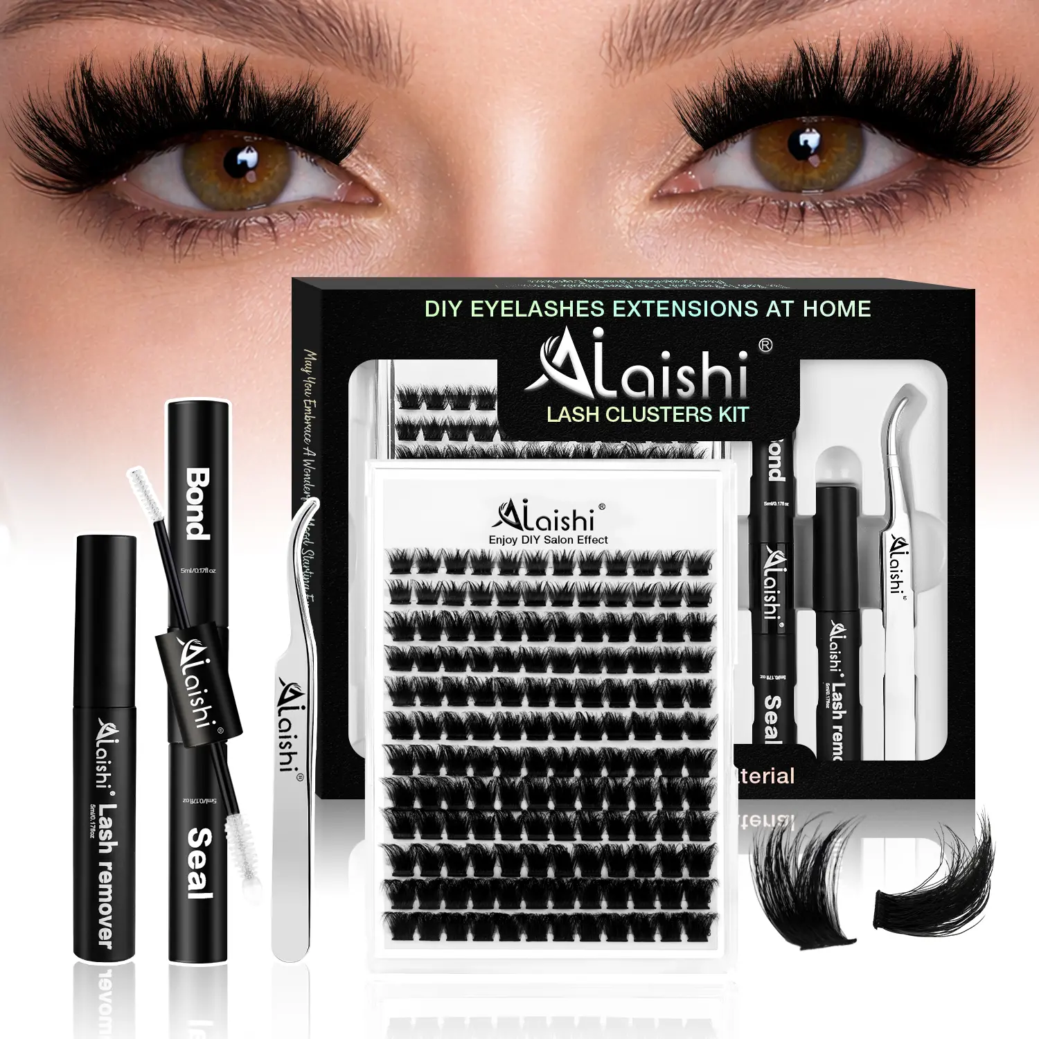 【Live Exclusive】Ailaishi DIY Eyelash Extensions Kit, Imported Fibers Eyelash Cluster - Volumized D-Curl Mixed Length Waterproof Long-Lasting False Lashes with Bond, Seal, Remover, Tweezers & Invisible Adhesives, Makeup Products for Students
