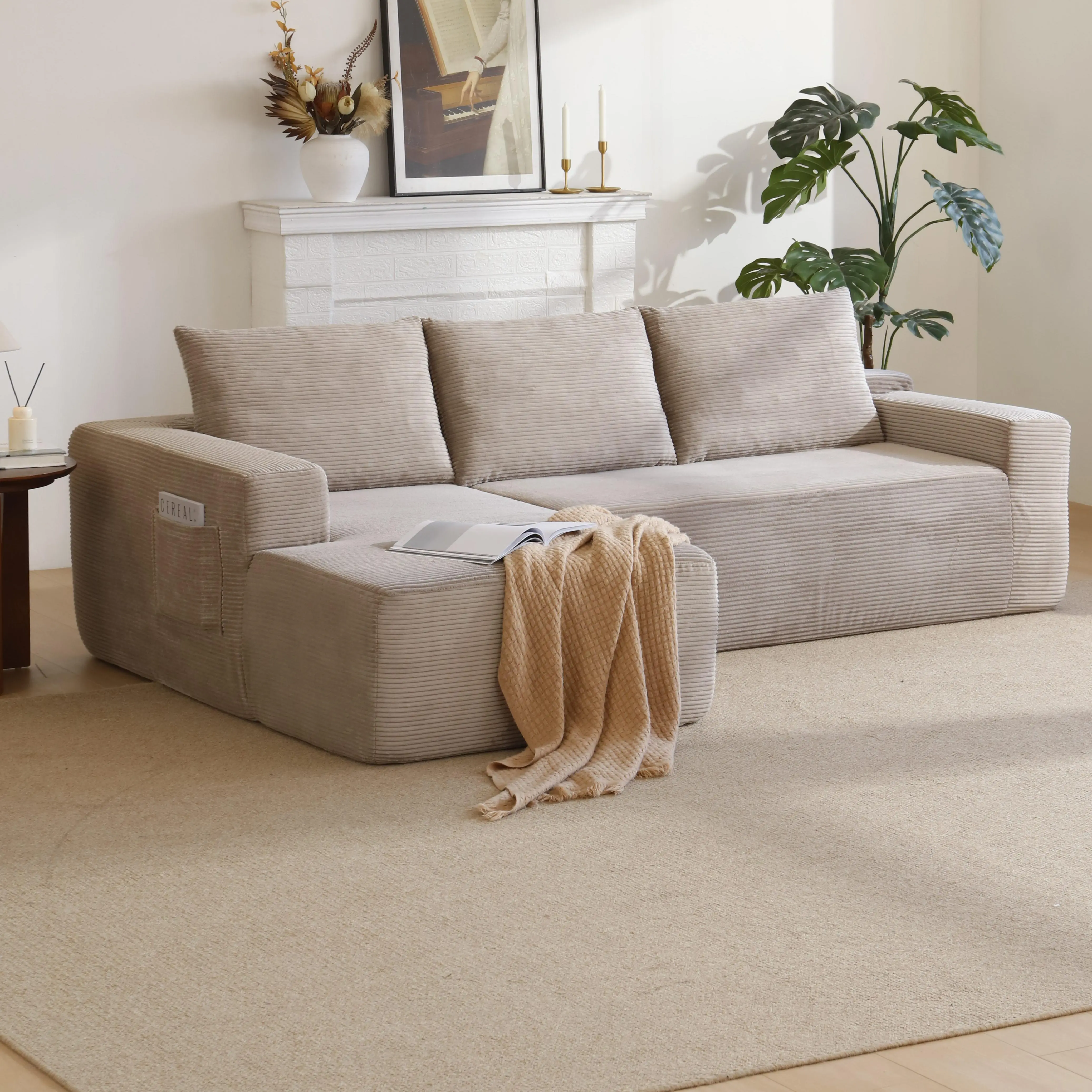 Corduroy Upholstered L-Shaped Armless Modular Sectional Sofa - Recliner with Ergonomic Support, Storage, Premium Spring-Foam Hybrid, No Assembly Needed for Living Room, Corduroy Upholstered Sectional