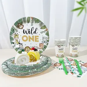 96PCS WildOne Jungle Animal Party Dinnerware Set|Safari/Adventure/Birthday Party Supplies|Disposable Paper Plates Napkins Cups for 24 Guests|Wild Animal/Themed Celebration Decorations