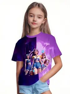 Girls Kpop Short Sleeve Tee, Cyberpunk Cartoon Print Summer Breathable T-Shirt, Outdoor Casual Comfort Fabric, Perfect Gift