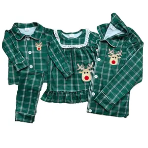 Christmas Reindeer Green Plaid Family Pajama Set Ultra Soft for Cozy Holiday Nights with Adorable Reindeer Embroidery