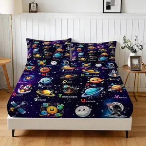 Space Solar System Fitted Sheet Set, 3 Pieces (1 Fitted Sheet + 2 Pillowcases), Soft Skin-Friendly Fabric, Educational Planets Print, Deep Pocket, Kids Bedroom Bedding, Ideal Gift for Boys Girls