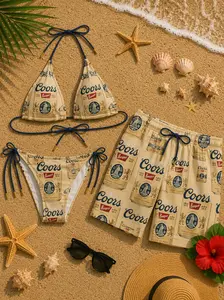 Coors Inspired Couples Beachwear Set – Graphic Bikini Set and Men’s Shorts with Bold Western Vibes, Perfect for Summer Vacations, Beach Days and Poolside Style