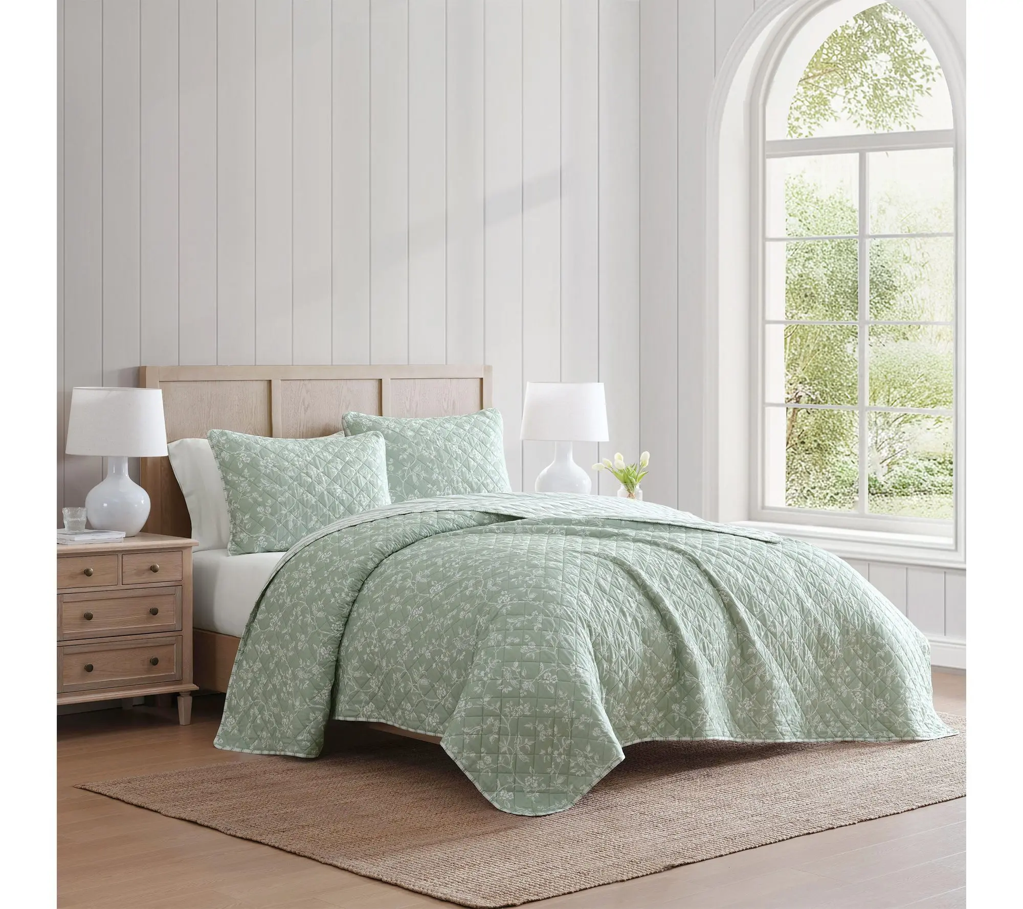 Martha Stewart French Bird Floral Green Cotton Queen Quilt Set