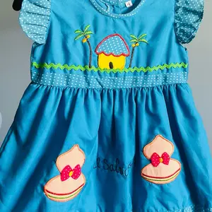 Spring Blue Dress for 3-6 Months Old with Adorable Appliques and Polka Dot Trim