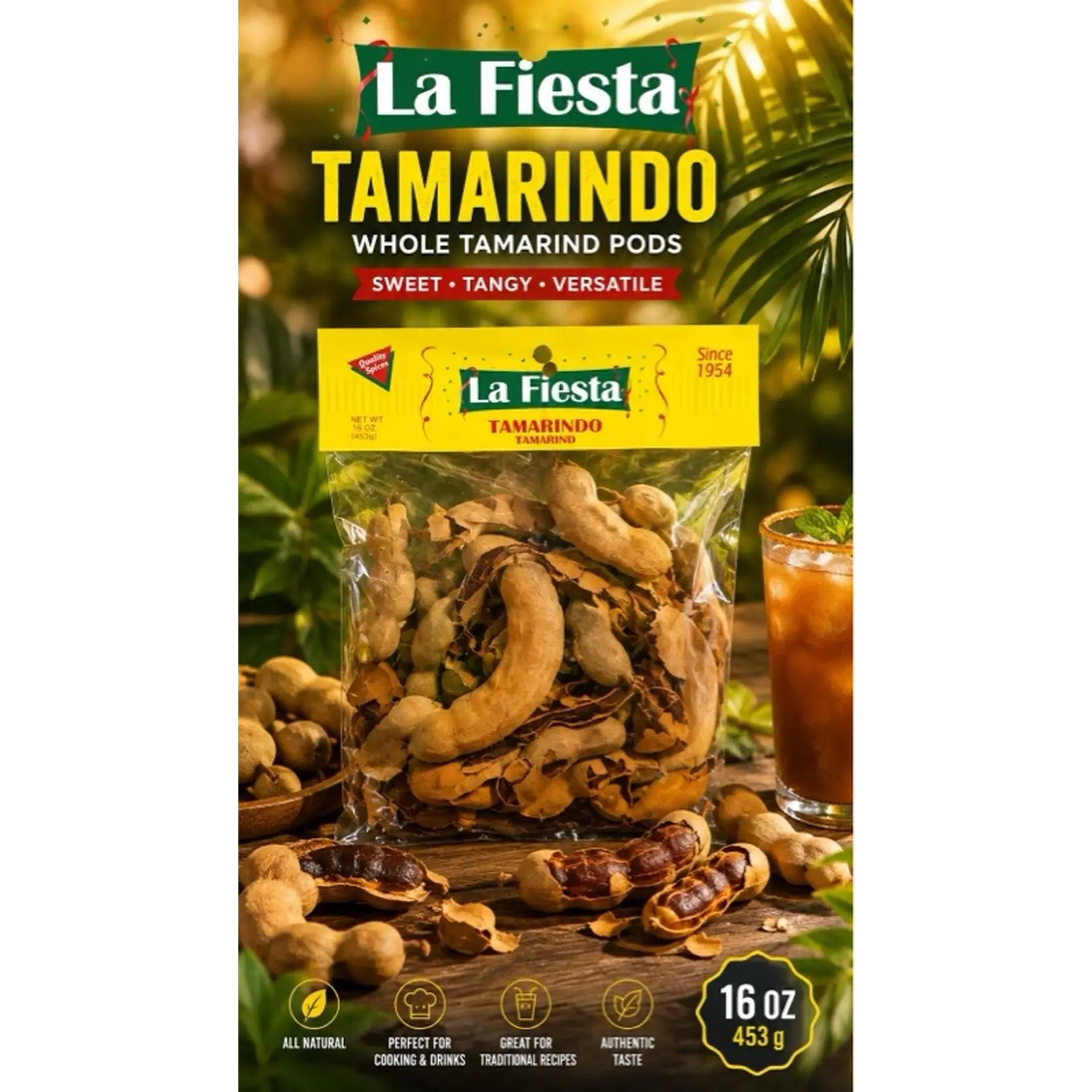 La Fiesta Tamarindo Whole Tamarind Pods 16 oz 453 g Natural Fruit for Drinks Cooking Snacks Sweet Tangy Versatile
