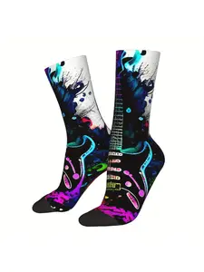 Men's Music Socks with Guitar & Star Print - Neon Pink/purple/Blue/Pink/Purple/Black - Full-Body Guitar Pick & Headphone Desi