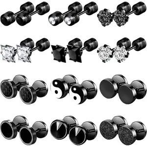 12 Pairs Stainless Steel Stud Earrings for Men  Earring Flatback Black Earring Set Screw  Studs Inlaid Cubic Zirconia Stud Earrings for Women Men