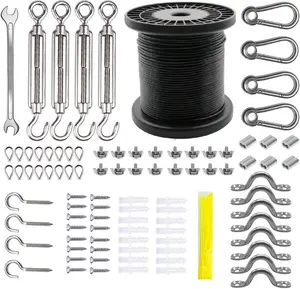 String Lights Hanging Kit,Globe String Lights Suspension Kit,Outdoor Light Guide Wire, 196 FT Nylon Coated Stainless Steel Wire Rope Cable,Turnbuckle and Hooks,Enough Accessories