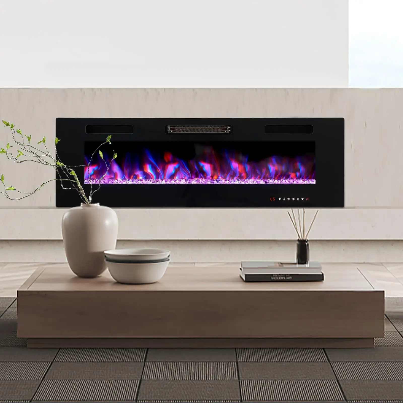 PHI VILLA 72" Electric Fireplace Wall Mounted & Recessed 750/1500W with Remote Control, 1-8 Hour Timer Function, Ultra-Thin Design Fan Hot Home Applia