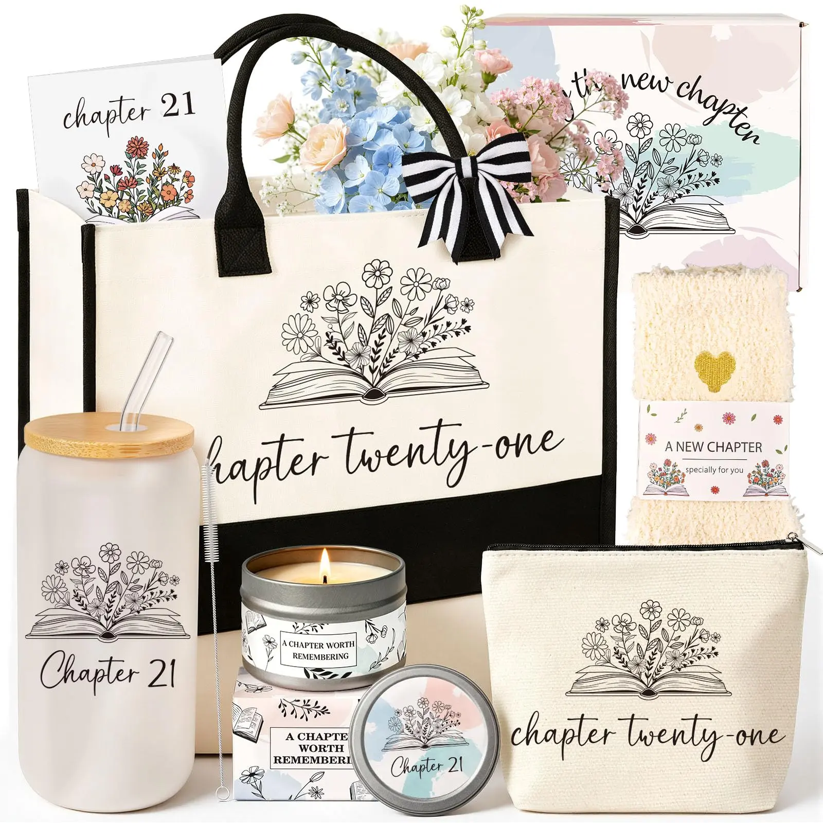 Giftota Next Chapter Birthday Gift Basket Set for Her 21st 30th 40th 50th 60th 70th 80th with Tote Bag Makeup Bag Tumbler Candle Socks Greeting Card Unique Milestone Birthday Present for Mom Sister Grandma Wife Friend