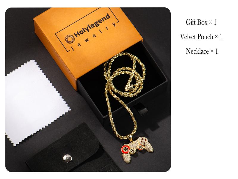 Holylegend 14K Real Gold-Plated Game Controller Necklace, Statement necklace,Sony-Inspired CZ Diamond Pendant, 24" Cuban & Rope Chain, Hip Hop Jewelry Gift for PlayStation Fans