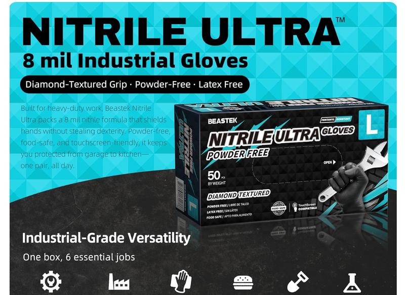 Nitrile Disposable Gloves, 8Mil Latex & Powder Free Chemical Resistant Heavy Duty Food Safe Diamond Glove Black 50Pcs
