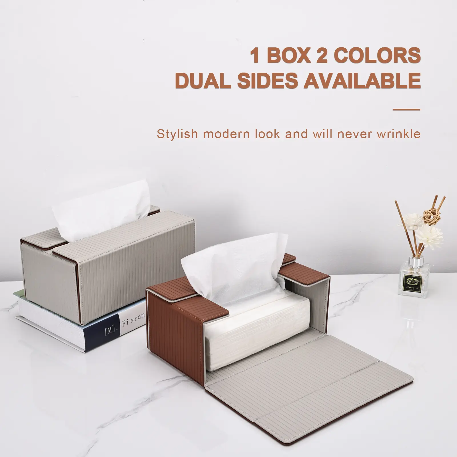 Folder  Brown Gray Tissue Box Cover Rectangular PU Leather Tissues Box Holder KINGFOM Reversible Box Covers for Kleenex Napkin Dryer Sheet Dispenser for Car Bathroom Office Home Decor