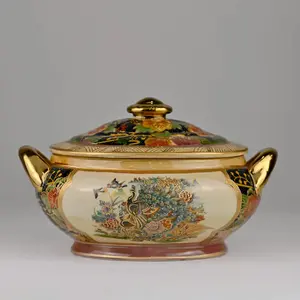 Japanese Satsuma Painted Porcelain Tureen | Gilded Peacock & Floral Motif | Collectible Decorative Lidded Bowl | Luxury Home Decor
