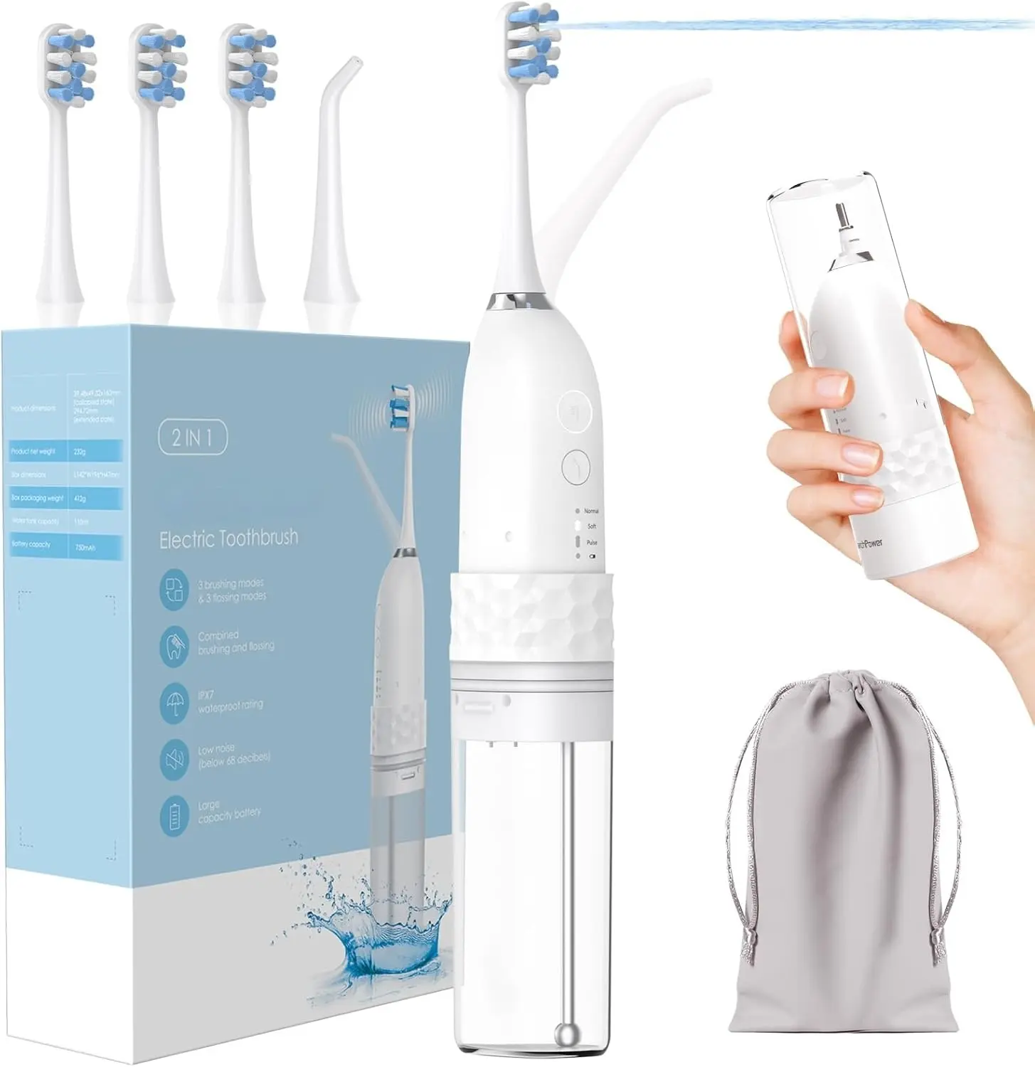 2-in-1 Electric Toothbrush with Water Flosser, 3+4 Smart Modes，Portable Oral Irrigator with Point-Jet, Rechargeable IPX7 Waterproof for Home & Travel Use Gift Oral Care Tools