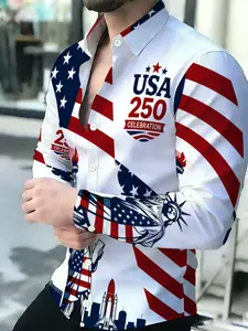 USA 250 Celebration Patriotic American Flag Statue of Liberty Print Men's Breathable Lapel Long-Sleeve Cardigan