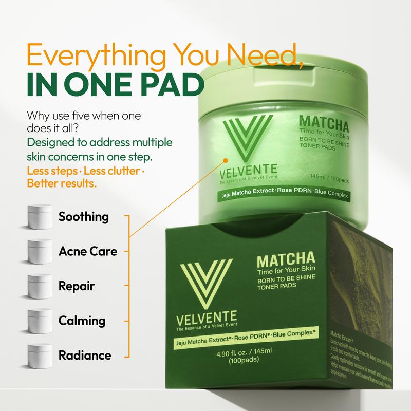 Velvente Matcha Korean Skincare PDRN Polish Toner Pads for Redness, Acne-Prone Skin, Dark Spot Brightening & Slow Aging, Korean Multi-Function Soothing Pore Refining, Exfoliating, All Skin Friendly | 100 Pads , Self-Care Set for Her