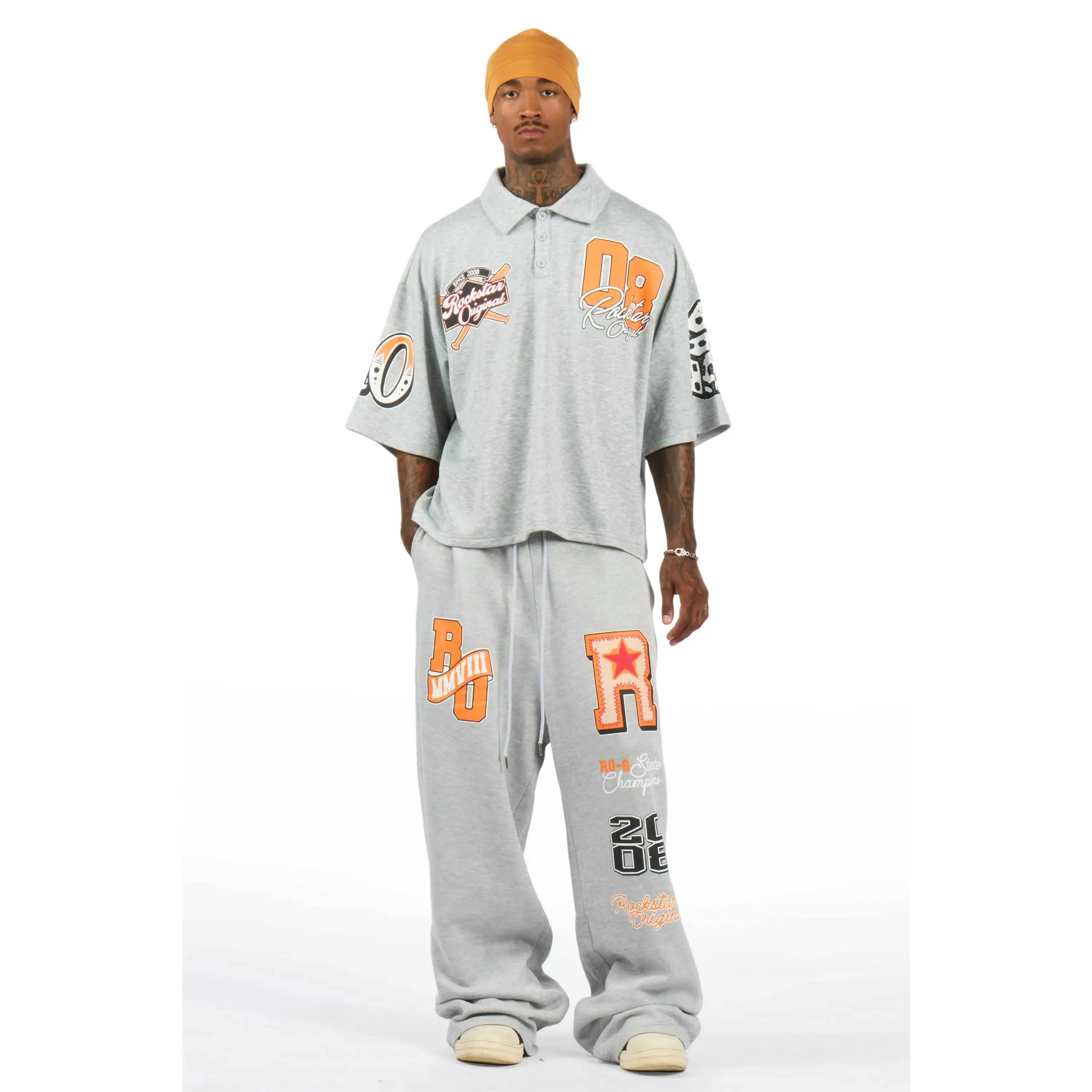 Forbidden Heather Grey Crop Boxy Polo/Fleece Baggy Track Set Forbidden Heather Grey Crop Boxy Polo/Fleece Baggy Track Set