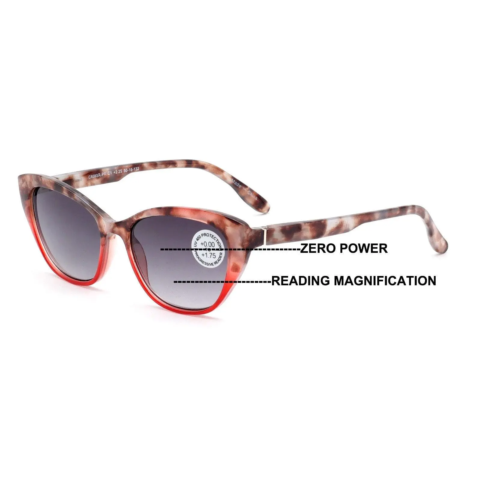 Women Progressive Reading Sunglasses - Tinted Cateye Reader - Zero Power on Top