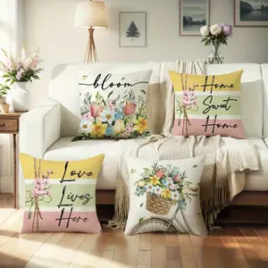 4pcs Floral Pillow Covers - Pastel Floral patterns in Pink, Yellow, Green, White, Beige - Zipper Closure Cushion Cases for Farmhouse, Living Room, Sofa, Patio, Bedroom - Indoor/Outdoor Decorative Pillowcases (Inserts Not Included) - Machine Washable Polye