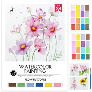 11.5" x 8.5" Watercolor Workbook for Adults, Easy Nature Scenes Paint Coloring Book Paint, Water Coloring Book with 4 Floral Drawings 2 Pigment Card and 1 Brush (Flower Words)