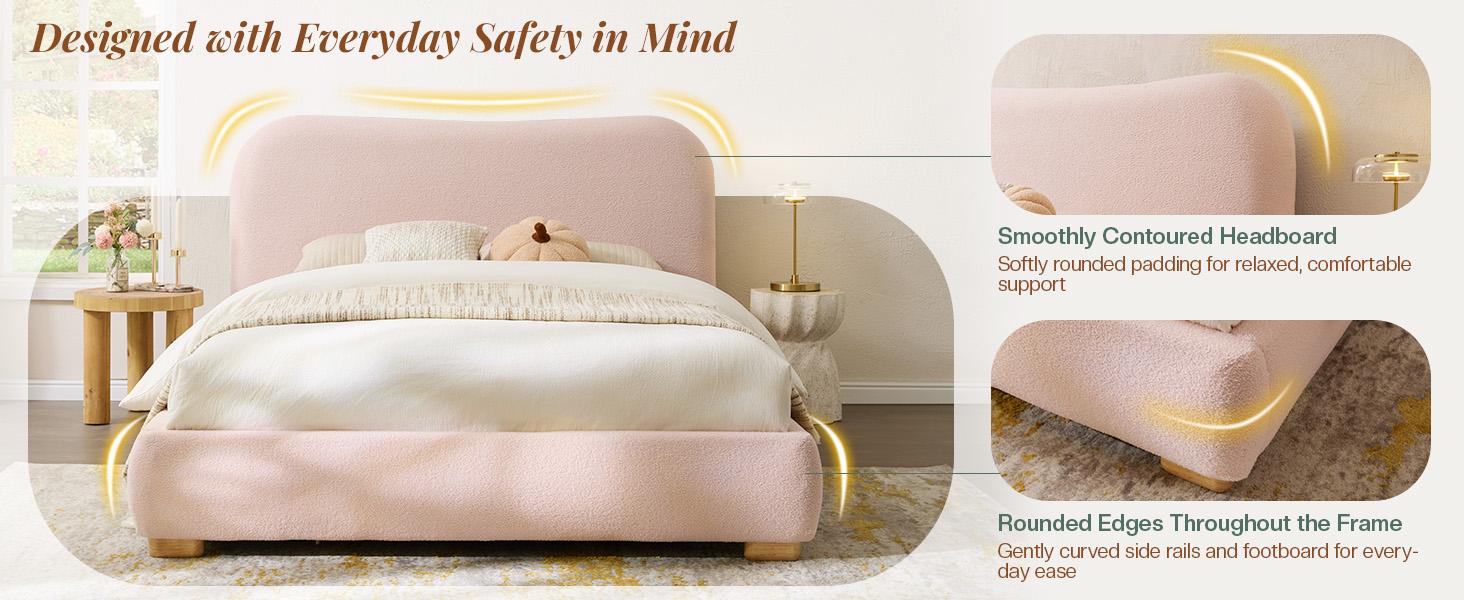 [Memorialday]VanAcc Cloud Bed Frame, 7.1" Thick Curved Headboard, Soft Rounded Corners Kid & Pet Safe Design, Modern Upholstered Platform Bed, No Box Spring Needed