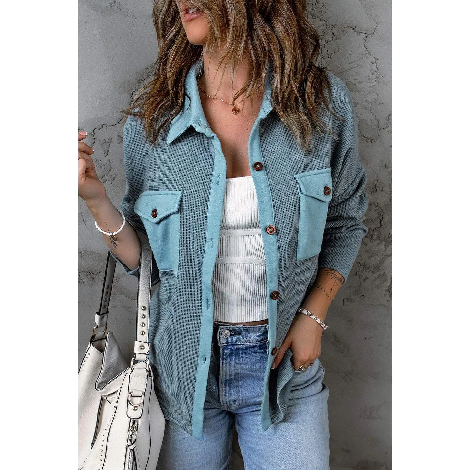 Waffle-Knit Shacket with Pockets