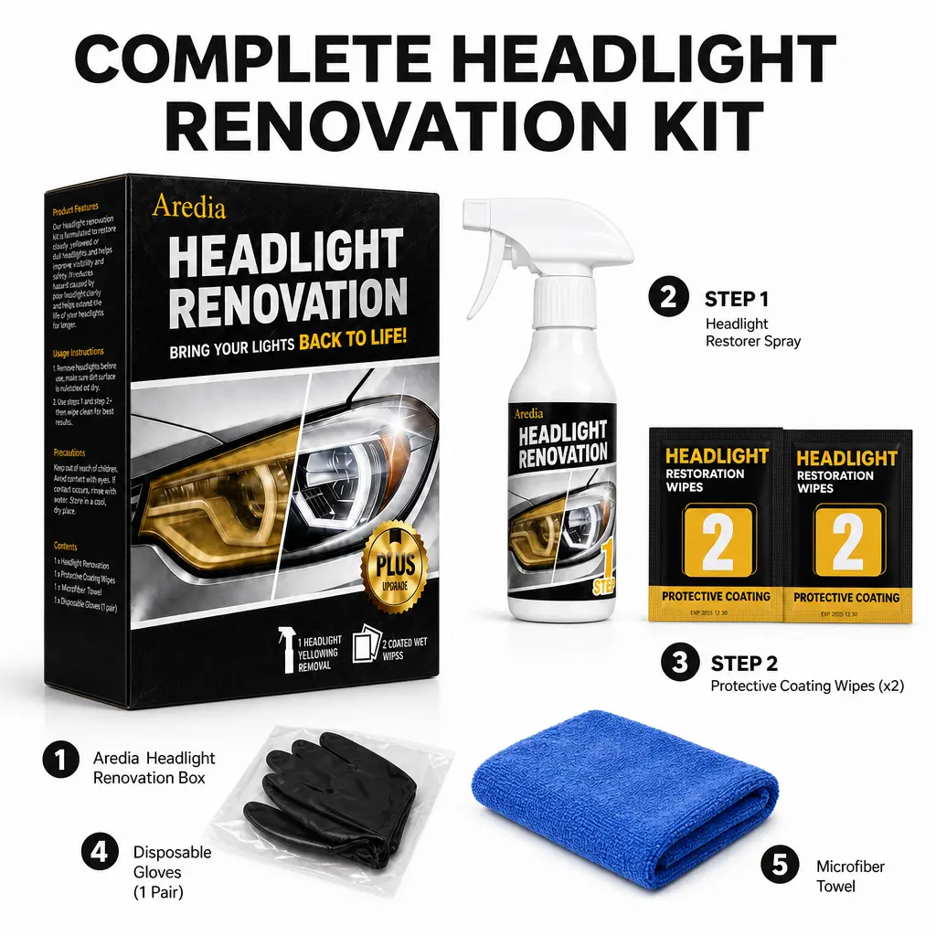 Headlight Restoration Kit Remove Yellowing Oxidation 2-Step Easy DIY No Tools Needed Crystal Clear Headlamp Renewal Spray with Protective Coating Wipes Glass Brush