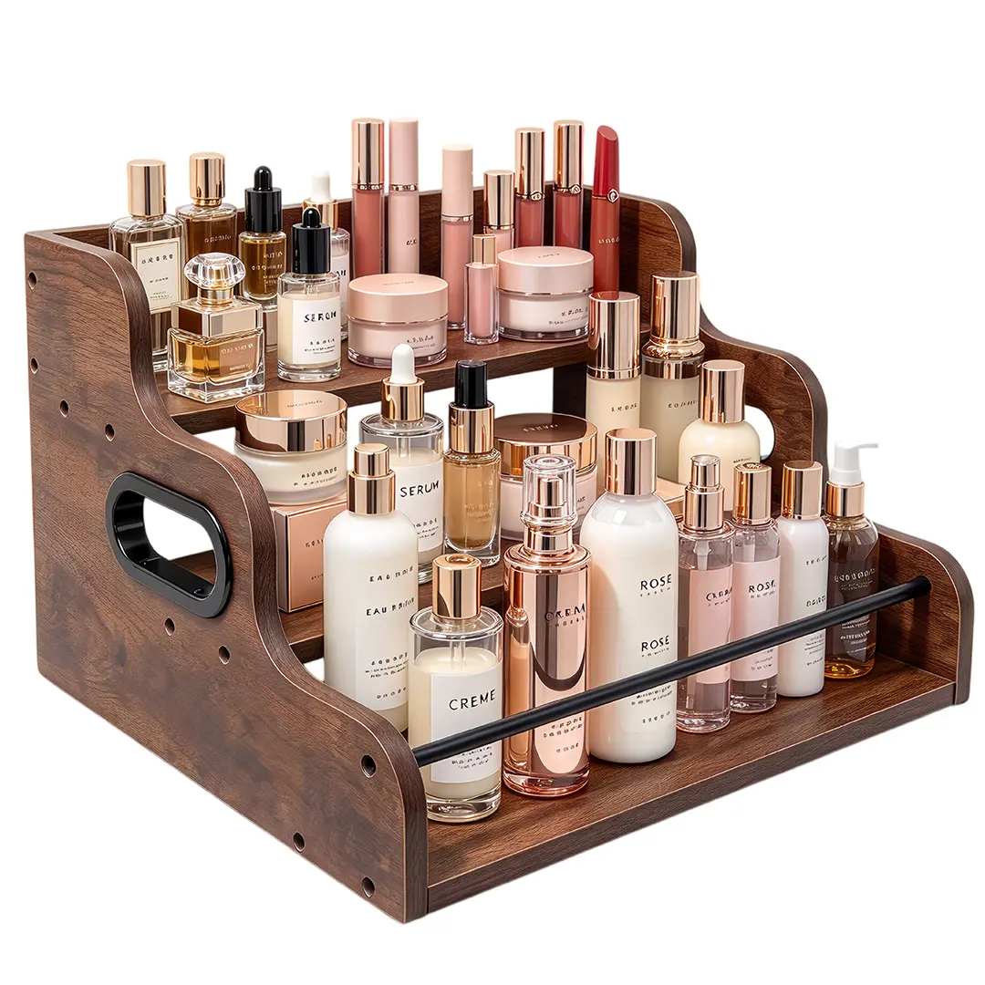 3-Tier Vintage Solid Wooden Vanity Organiser Rack - Multi-Tier Stepped Perfume Shelf, Desktop Skincare & Makeup Display Stand with Handles for Bedroom, Office