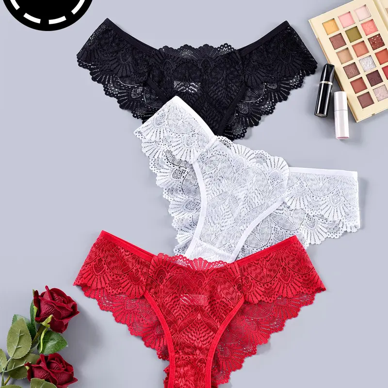 Women's 3pcs Solid Scallop Trim Lace Thong, Soft Comfy Breathable Panty, Fitted Knickers, Breathable Knickers, Feminine Women's Underwear Intimates Panties For All Seasons