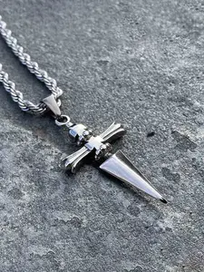 Hiphop Trend Cross Dagger Pendant Necklace, Stainless Steel Twisted Chain, Punk Design Unisex Street Style Party Jewelry, Cross Necklaces