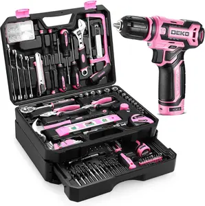 Pink Tool Kit Box Drill Set：DEKOPRO Home Mechanic Toolbox with 12V Power Cordless Drill Hand Repair Tools Sets Combo Kits Storage Organizer Drawer Case for Men & Women
