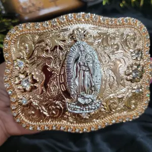 Virgen de Guadalupe Religious Belt Buckle Our Lady of Guadalupe with rosetone  silver Design and Rhinestone accents, Featuring Religious Gift Item