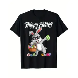 Happy Easter Bunny T-Shirt for Youngsters & Adults - Soft Cotton, Dabbing Rabbit Design with Eggs, Machine Washable, Black Casual Tee for Boys & Girls