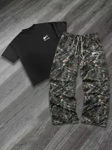 Men's Fashion Casual Two-Piece Set Outfit, Menswear Graphic Star Pattern Print Round Neck Short Sleeve T-Shirt and Camouflage Long Pants, Spring Summer Sports Wear